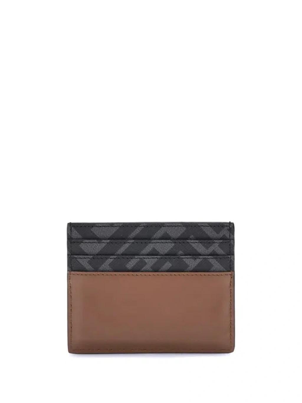 FENDI Leather And Ff Canvas Squared Card Holder In Brown Product Image