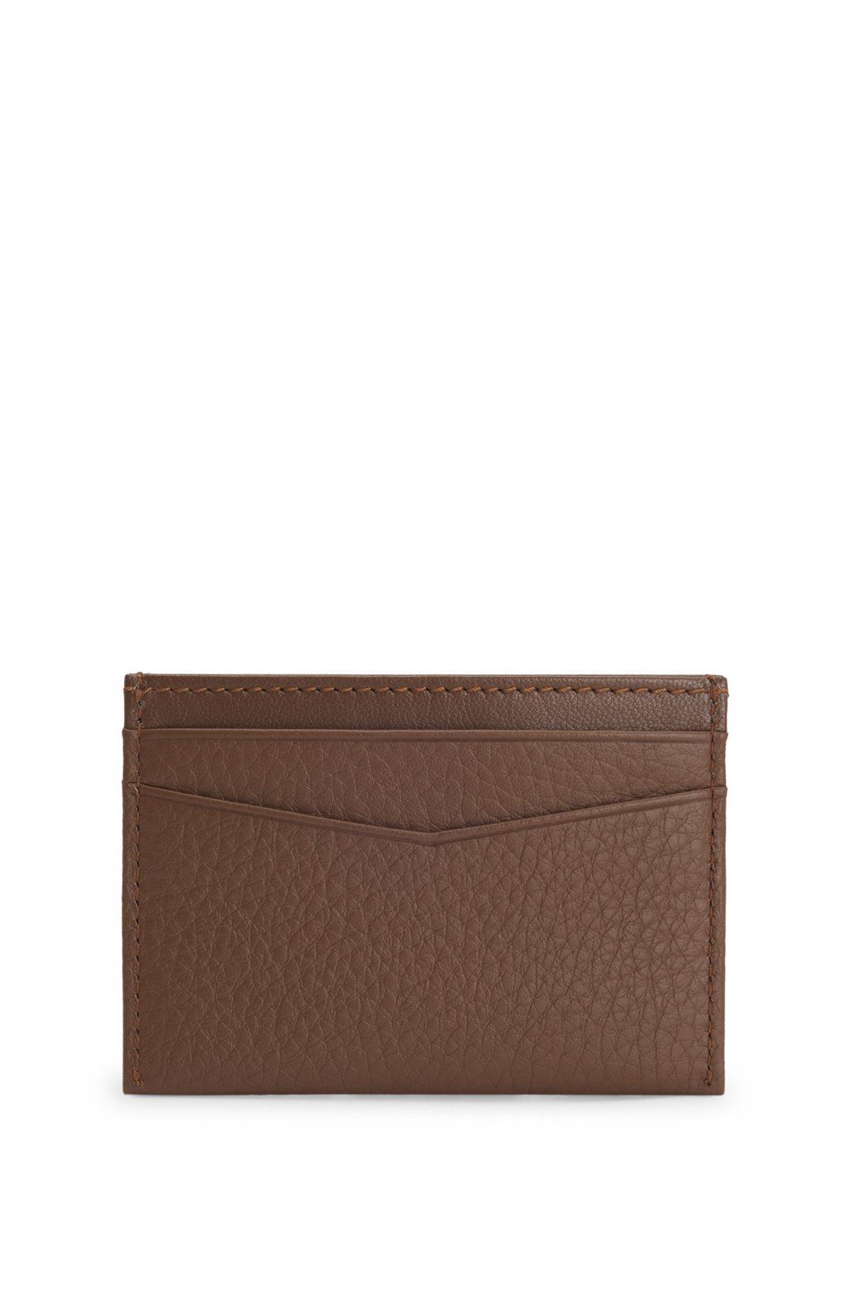 BOSS - Card holder in grained leather with metallic logo lettering - Brown Product Image
