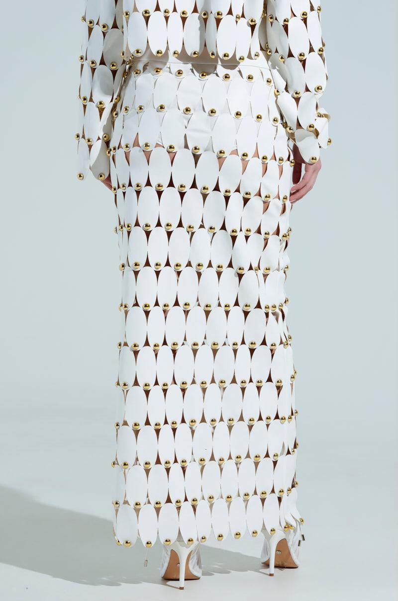 THE SNEAK PEEK STUDDED PU MIDI SKIRT IN WHITE Product Image
