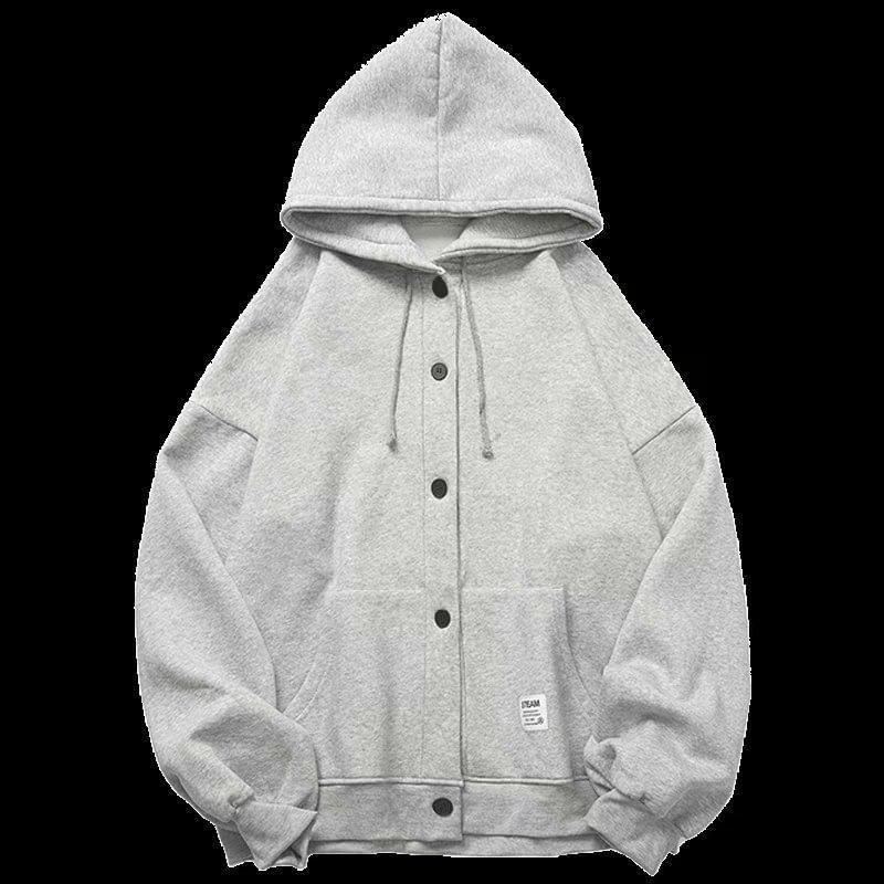 Lettering Applique Drawstring Fleece-Lined Button Hoodie Product Image