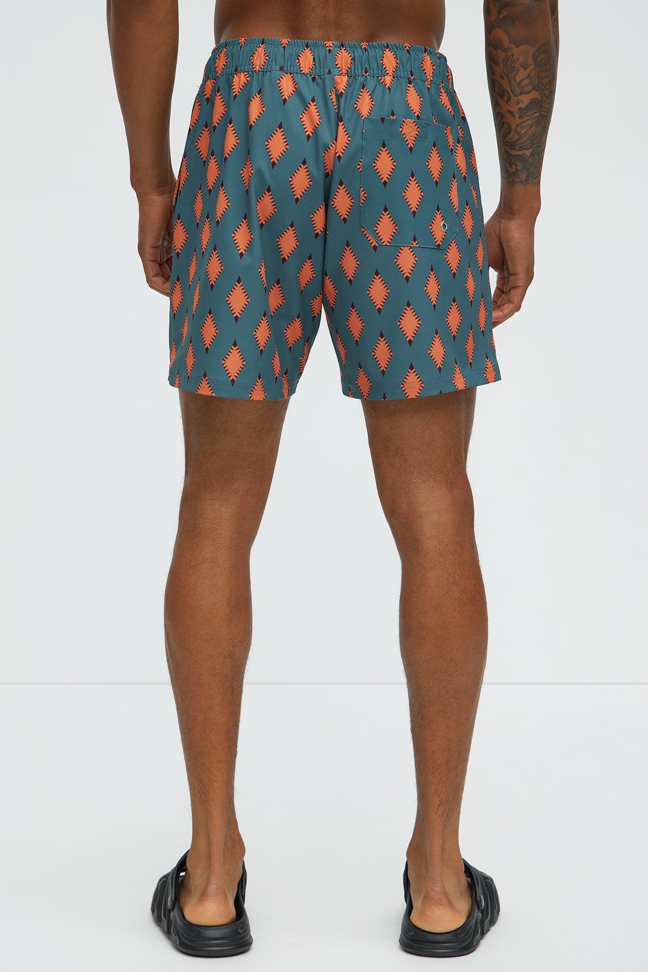 Geometric Diamond Printed Swim Mid Trunk - Multi Color Product Image