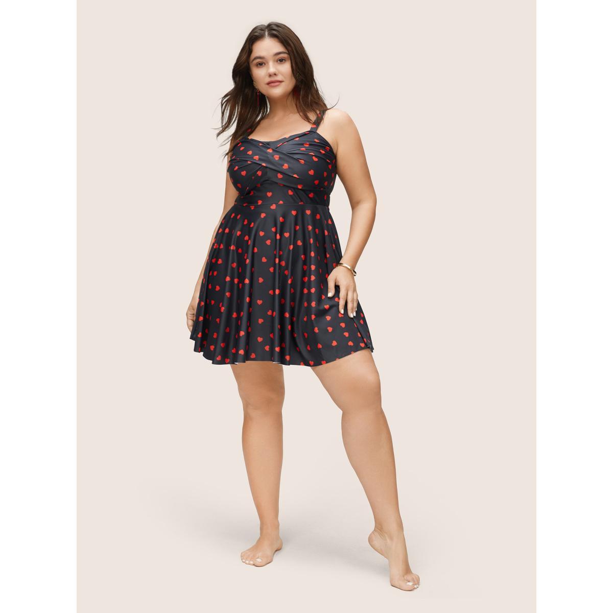 Plus Size Heart Print Crossover Adjustable Straps Swim Dress Women's Swimwear Black Beach Bodycon Heart neckline High stretch Curve Swim Dresses BloomChic 18-20/2X Product Image
