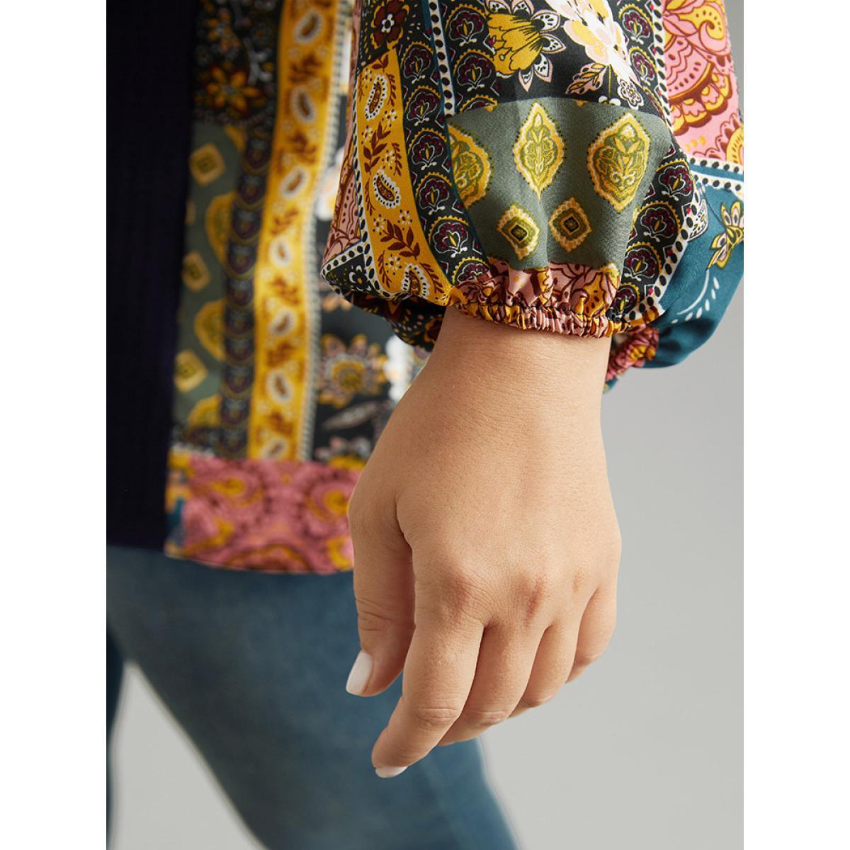 Plus Size Boho Print Button Up Patchwork Lantern Sleeve Sweatshirt DarkBlue Women Casual Elastic cuffs Bohemian Print Open Front Dailywear T-shirts BloomChic 12/L Product Image