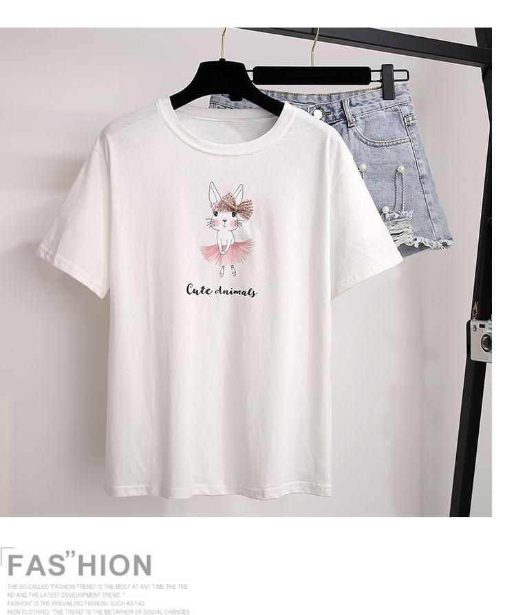 Short-Sleeve Round Neck Cartoon Print T-Shirt / High Waist Washed Faux Pearl Distressed Denim Shorts / Set Product Image