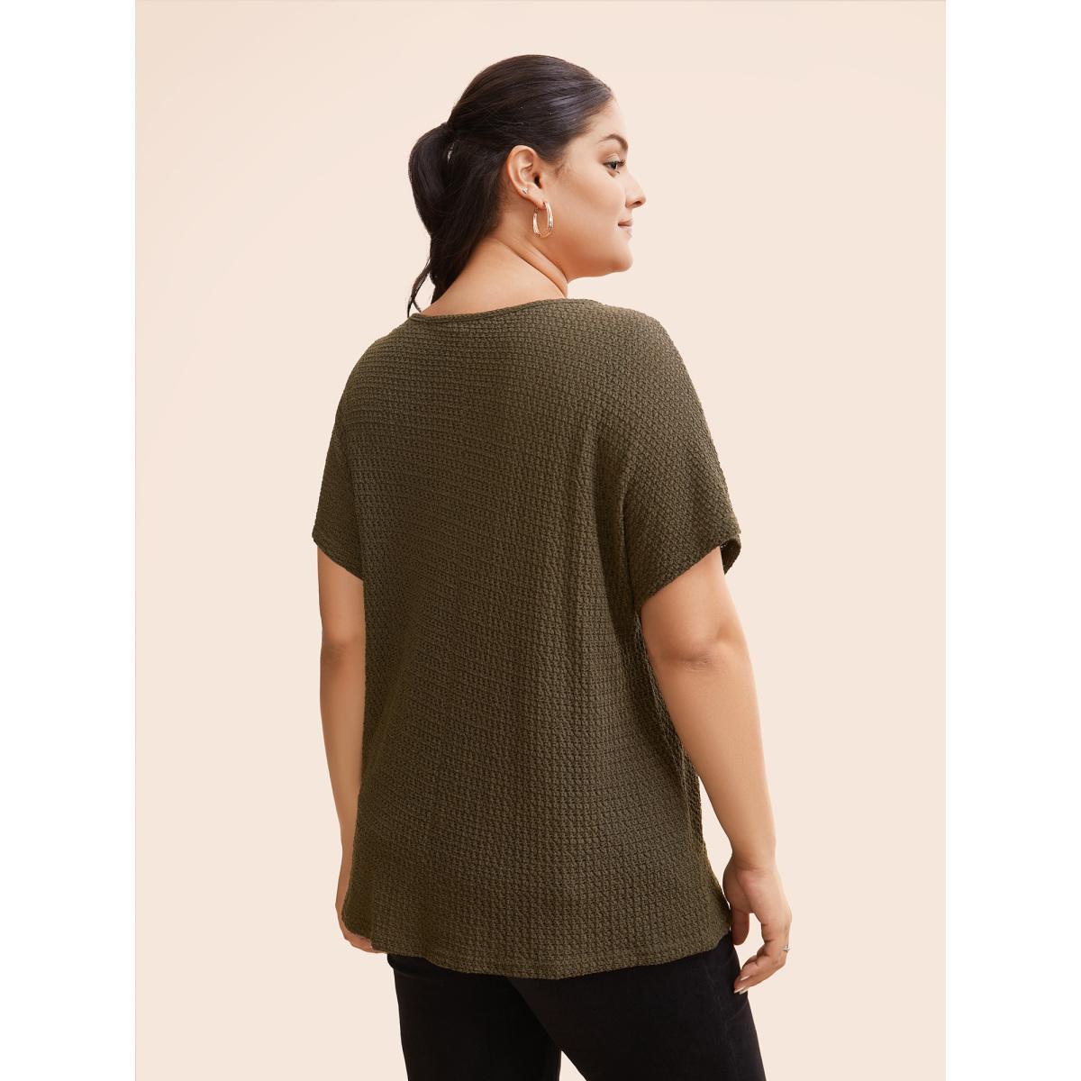 Plus Size Texture Half Zip Batwing Sleeve T-shirt ArmyGreen Women Casual Texture V-neck Everyday T-shirts BloomChic 22-24/3X Product Image