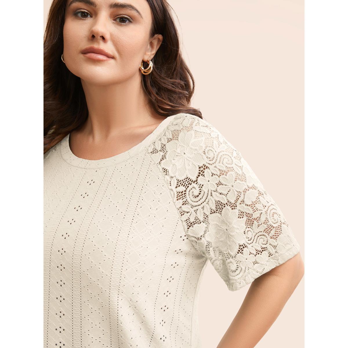Plus Size Solid Broderie Anglaise Lace Raglan Sleeve T-shirt Beige Women Elegant See through Plain Round Neck Everyday T-shirts BloomChic 14-16/1X Product Image