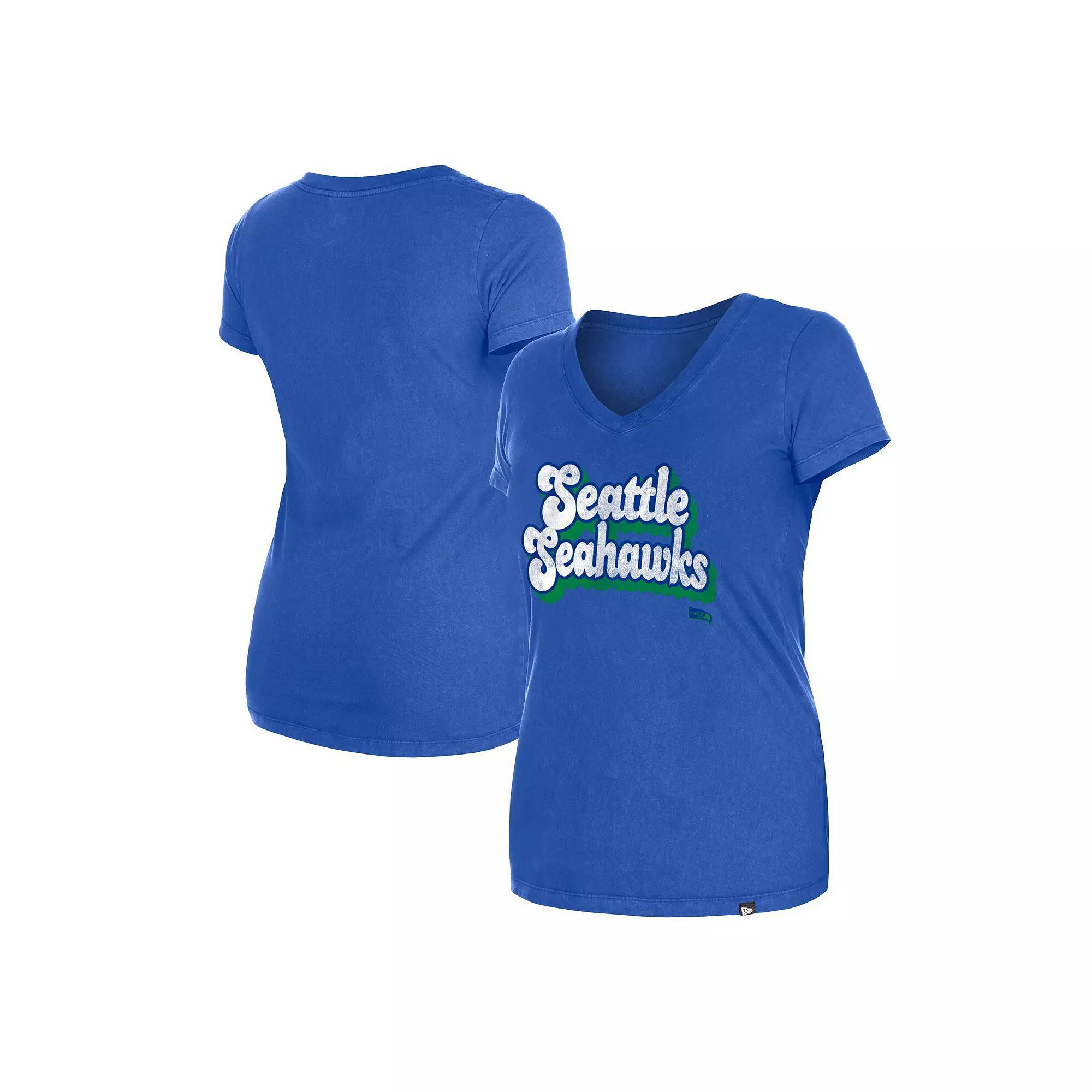 Women's New Era Royal Seattle Seahawks Enzyme Wash Low V-Neck T-Shirt, Size: Large, Blue Product Image
