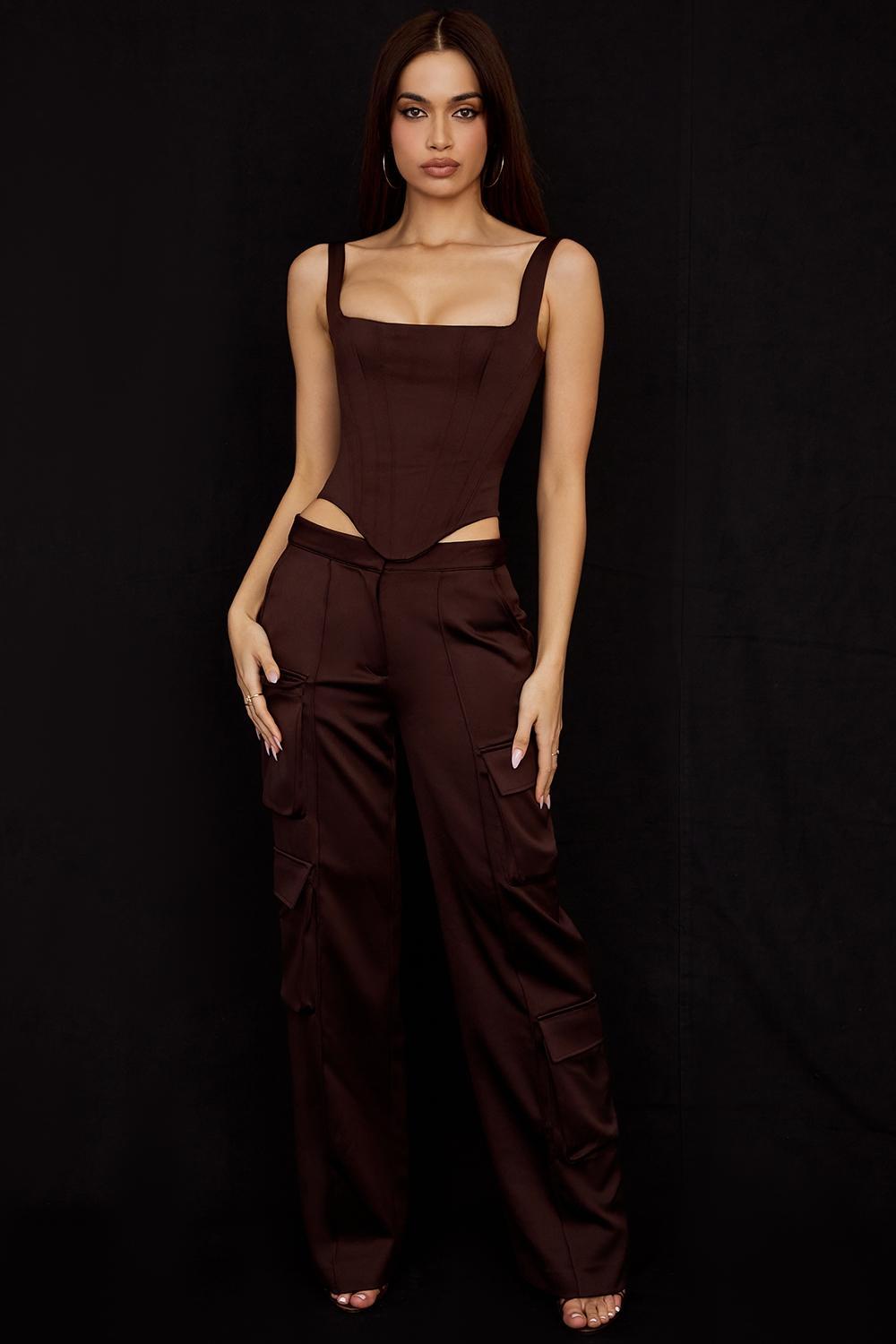 Daria Chocolate Satin Cargo Trousers Product Image