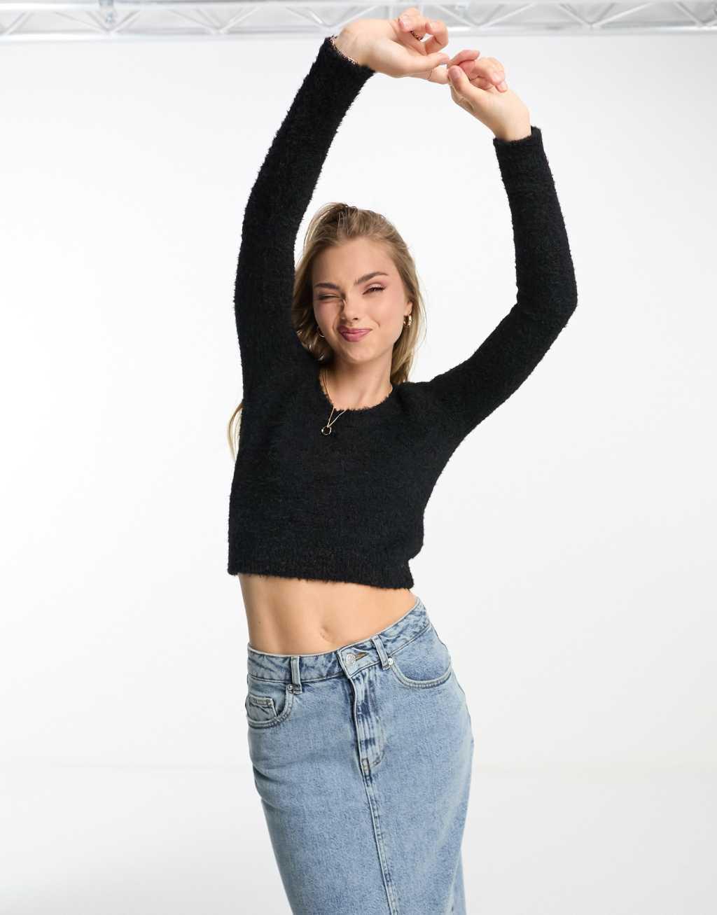Monki fluffy knit cropped long sleeve top Product Image
