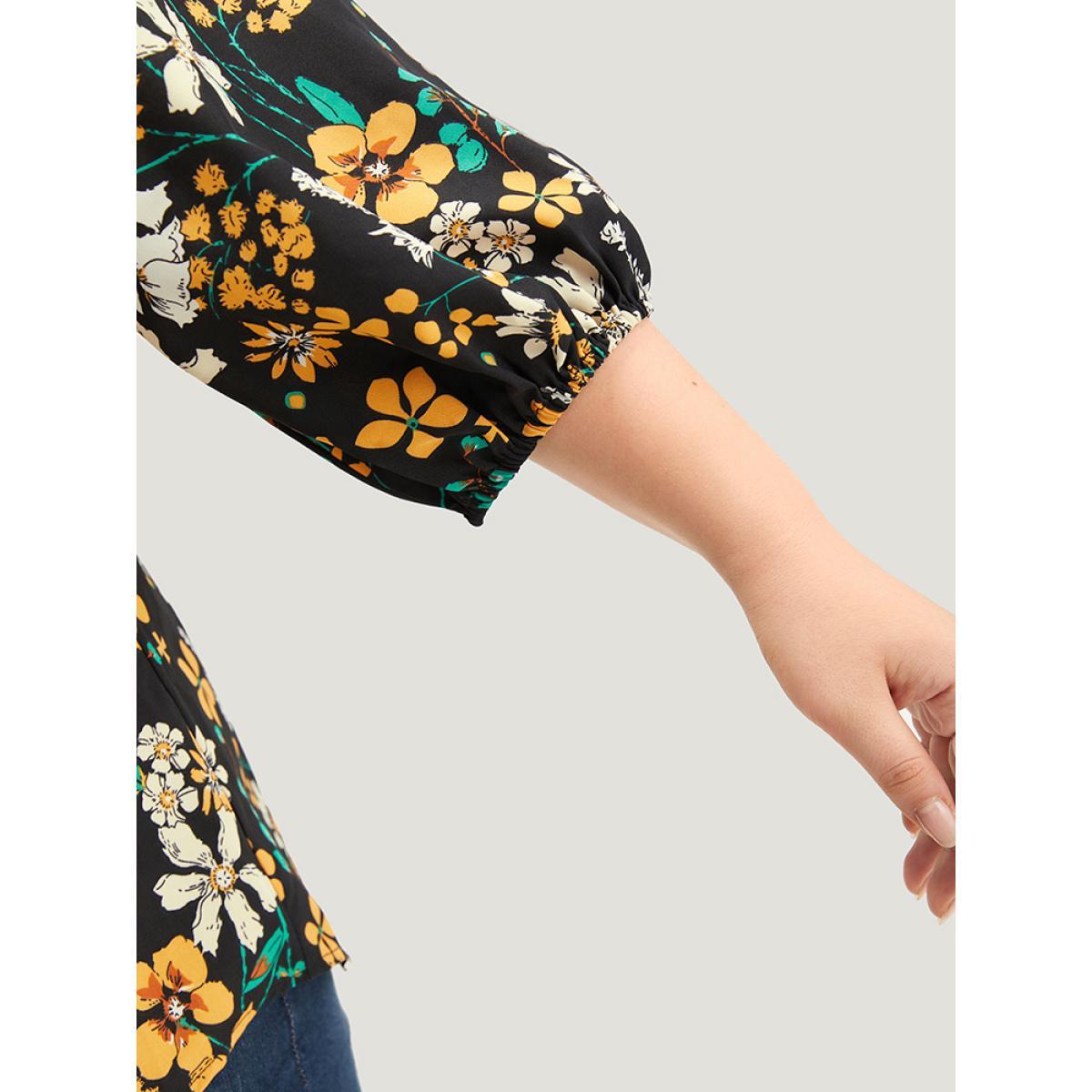 Plus Size Black Floral Print Pleated Notched Lantern Sleeve Blouse Women Elegant Elbow-length sleeve Notched collar Dailywear Blouses BloomChic 12/L Product Image