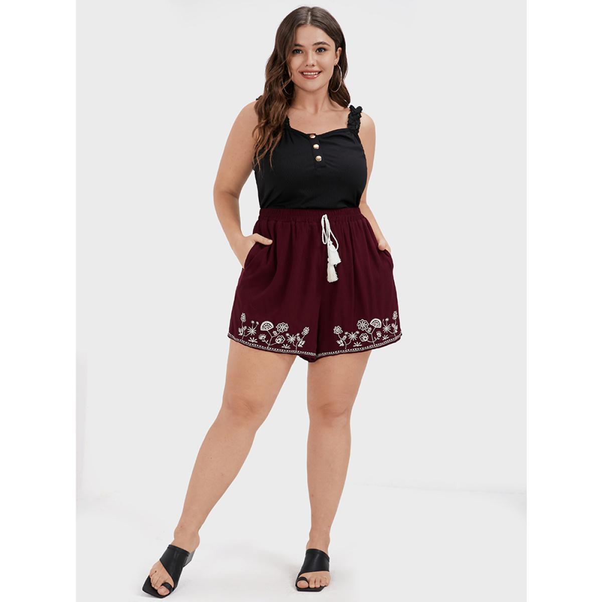 Plus Size Floral Embroidered Ties Elastic Waist Pocket Shorts Women Burgundy Casual Embroidered Dailywear Shorts BloomChic 14-16/1X Product Image