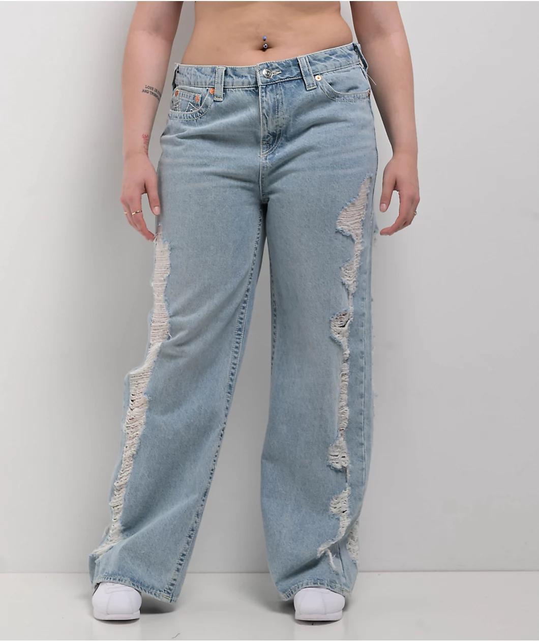 True Religion Bobbi Super Distressed Aqua Marine Mid Rise Baggy Jeans Product Image