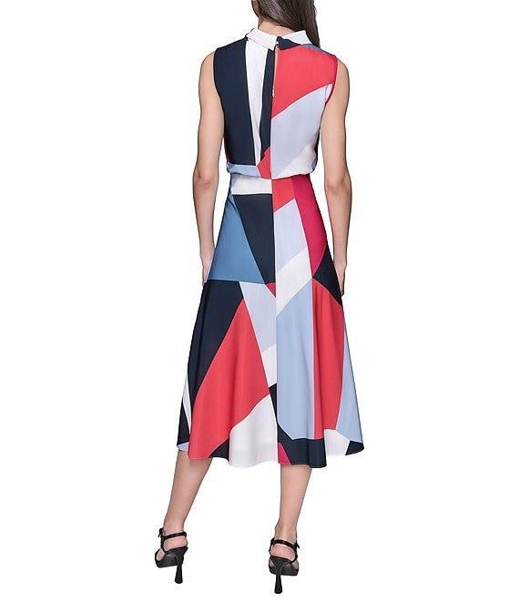 KARL LAGERFELD PARIS Silky Crepe Abstract Print Halter Neck Sleeveless Blouson Midi Dress Product Image