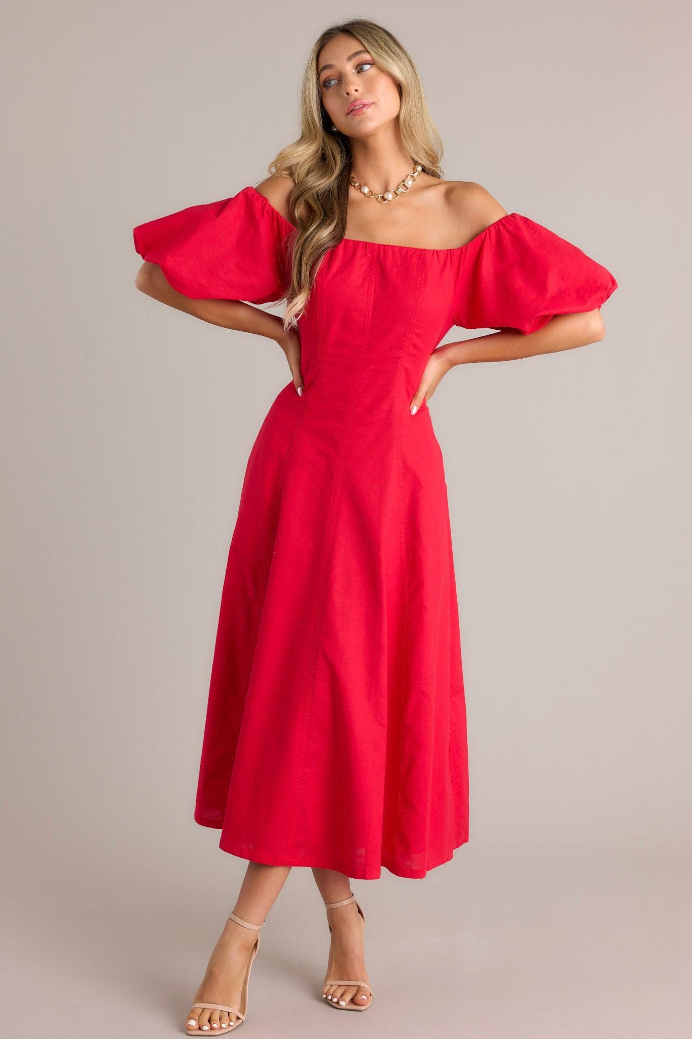 Cascade Couture Red Off Shoulder Midi Dress Product Image