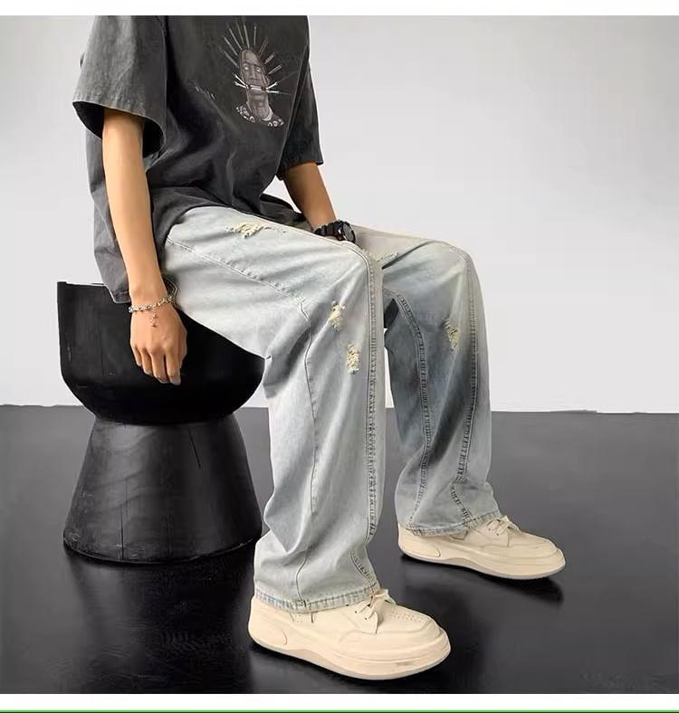 Drawstring Waist Washed Distressed Loose Fit Jeans Product Image