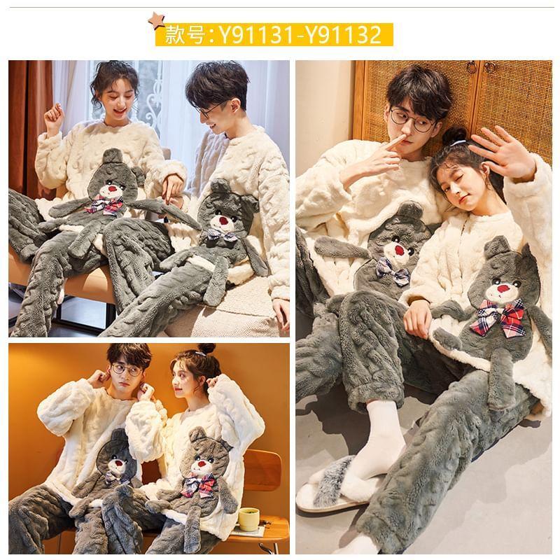 Couple Matching Pajama Set: Crew Neck Bear Embroidered Sweatshirt + Plain Pants Product Image