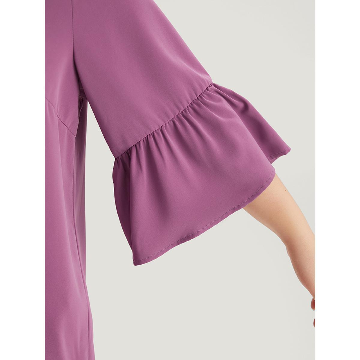 Plus Size Mauve Plain Keyhole Bell Sleeve Button Detail Blouse Women Office Elbow-length sleeve V-neck Work Blouses BloomChic 22-24/3X Product Image