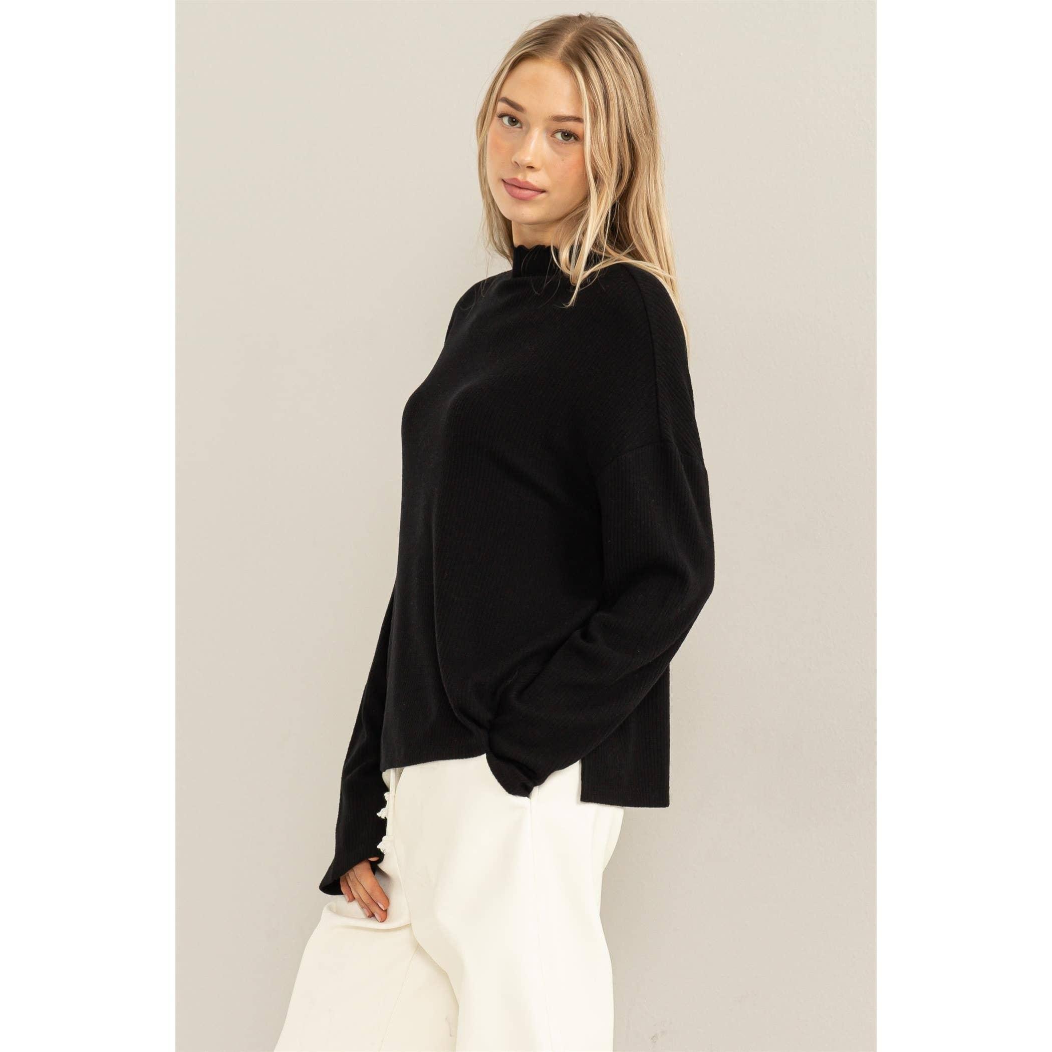 Black Oversized High Neck Top With Side Slit Product Image