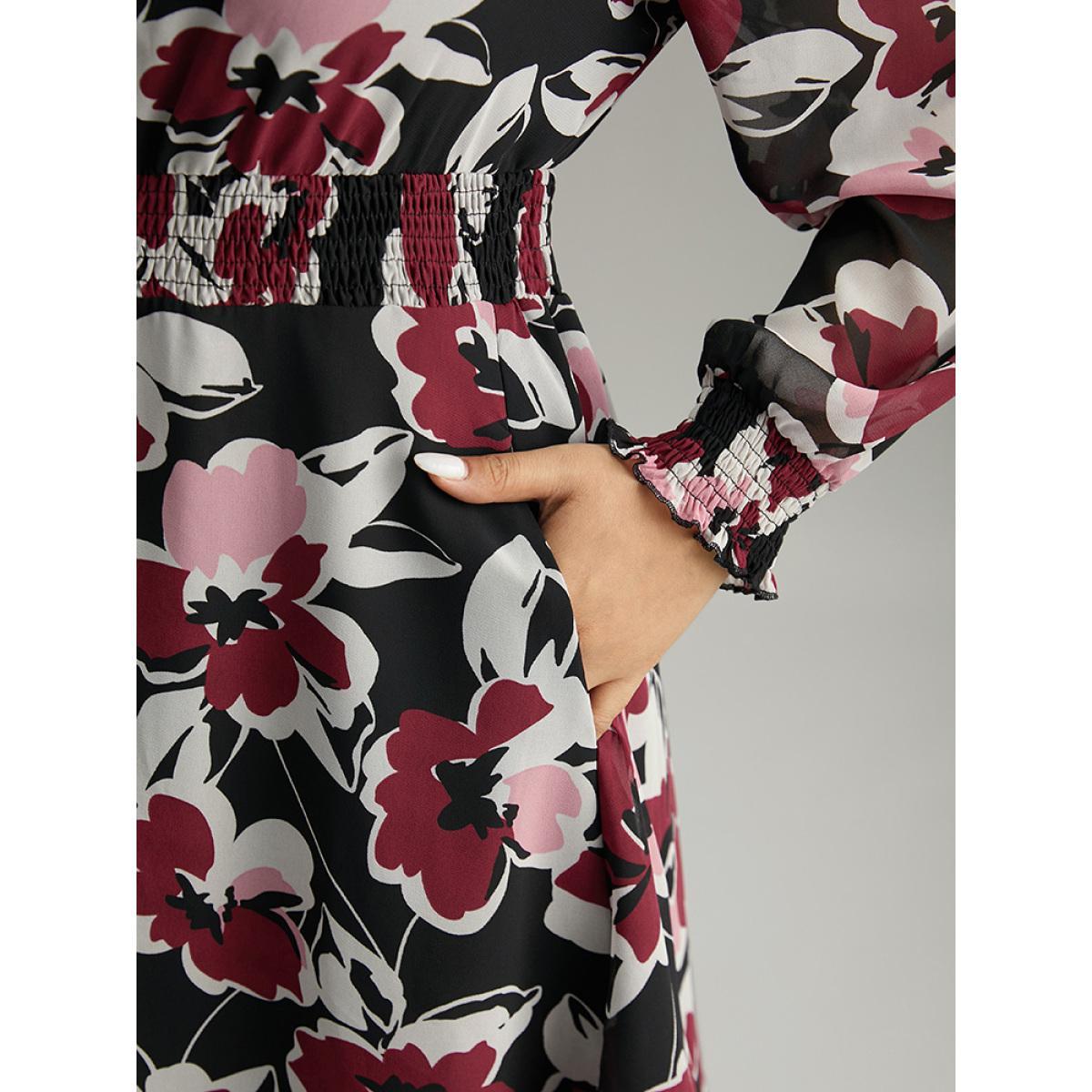 Plus Size Floral Print Chiffon Shirred Elastic Cuffs Dress Black Women Elegant Printed V-neck Long Sleeve Curvy Midi Dress BloomChic 22-24/3X Product Image