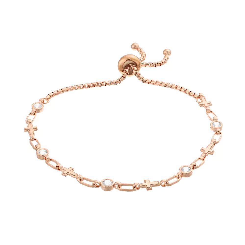 Kristen Kesho Sterling Silver Lab-Created White Sapphire & Cross Link Adjustable Bolo Bracelet, Womens Pink Tone Product Image