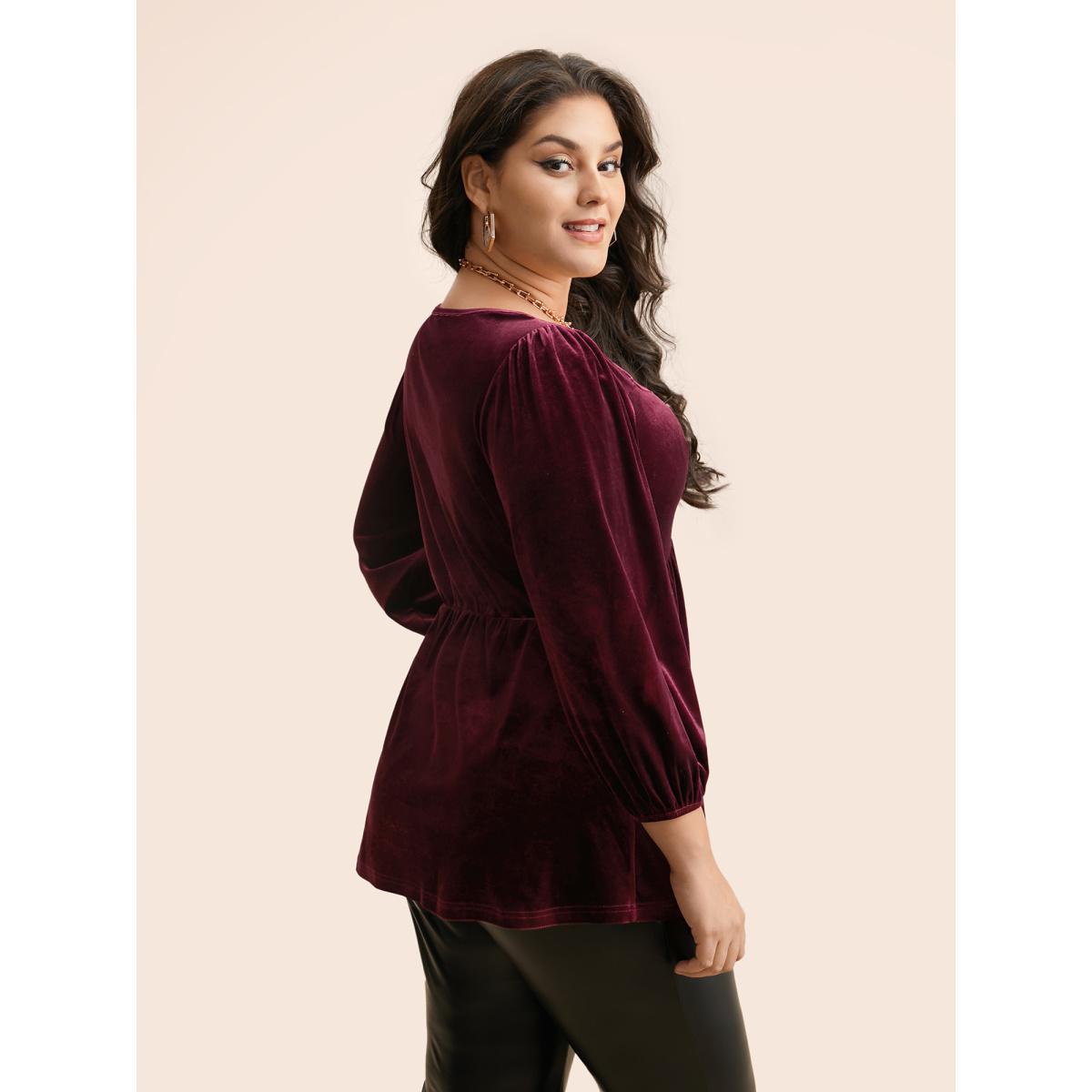 Plus Size Eggplant Velvet Heart Neckline Gathered Blouse Women Elegant Three Quater Length Sleeve Heart neckline Everyday Blouses BloomChic 12/L Product Image