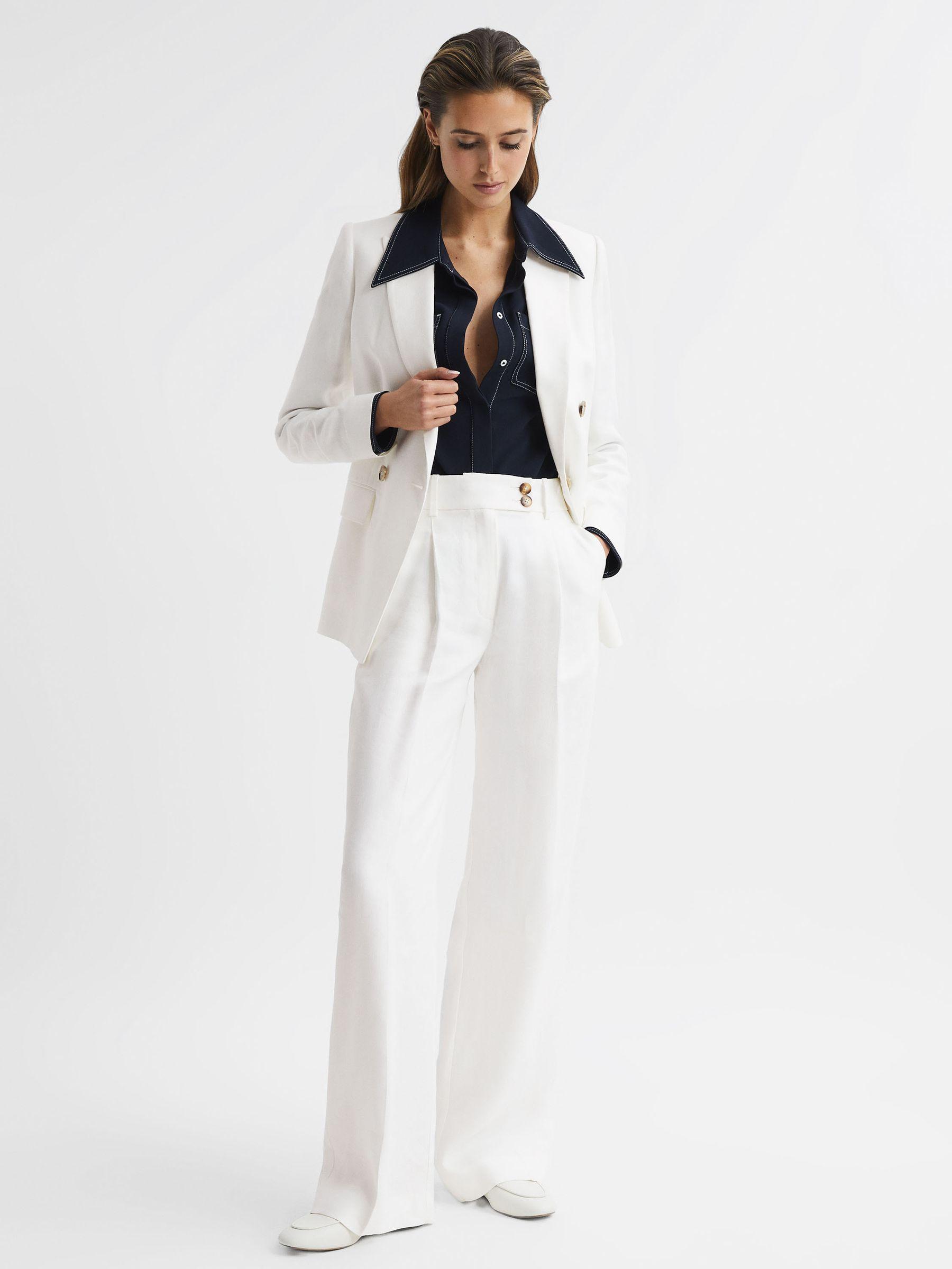 Wide Leg Linen Trousers in White Product Image