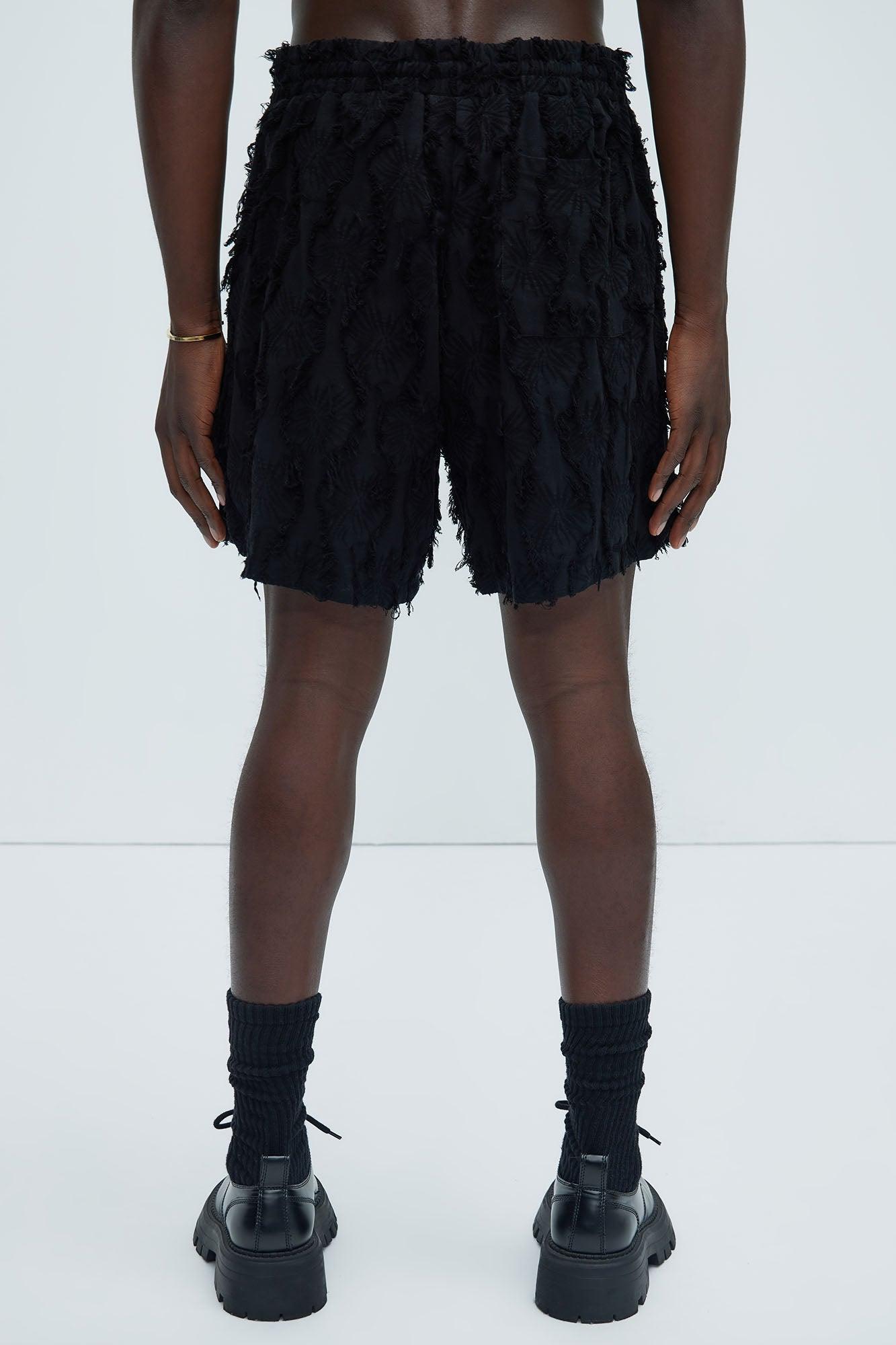 Frayed Jacquard Linen Shorts - Black Product Image