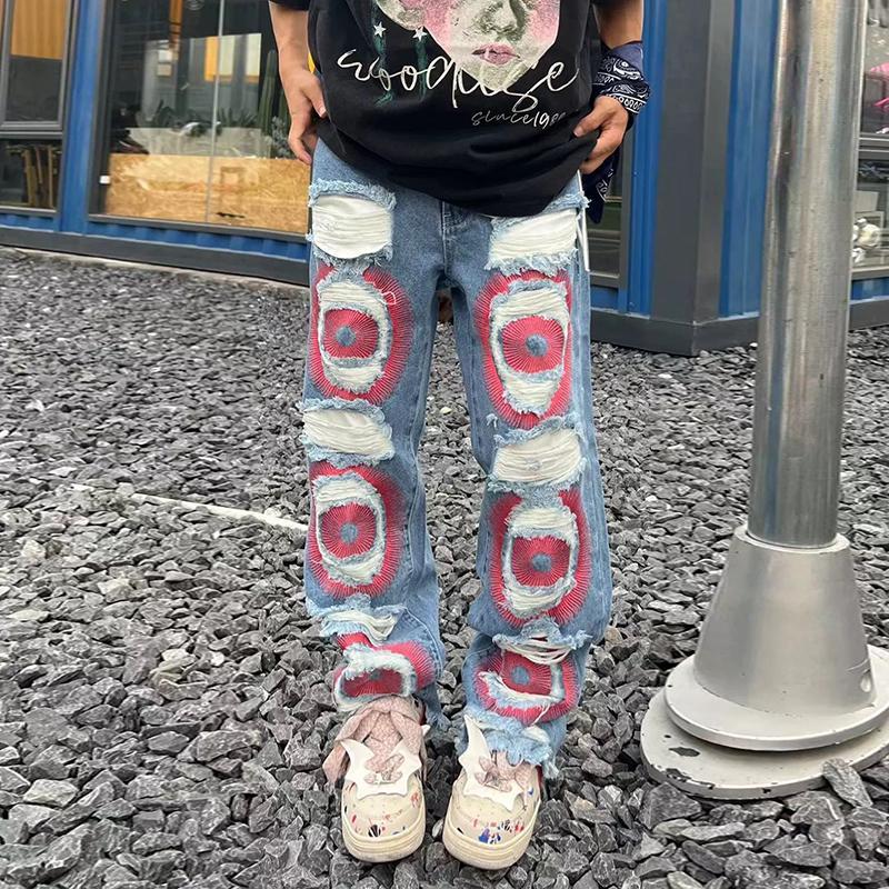Unisex Men's Street Embroidered Jeans Product Image