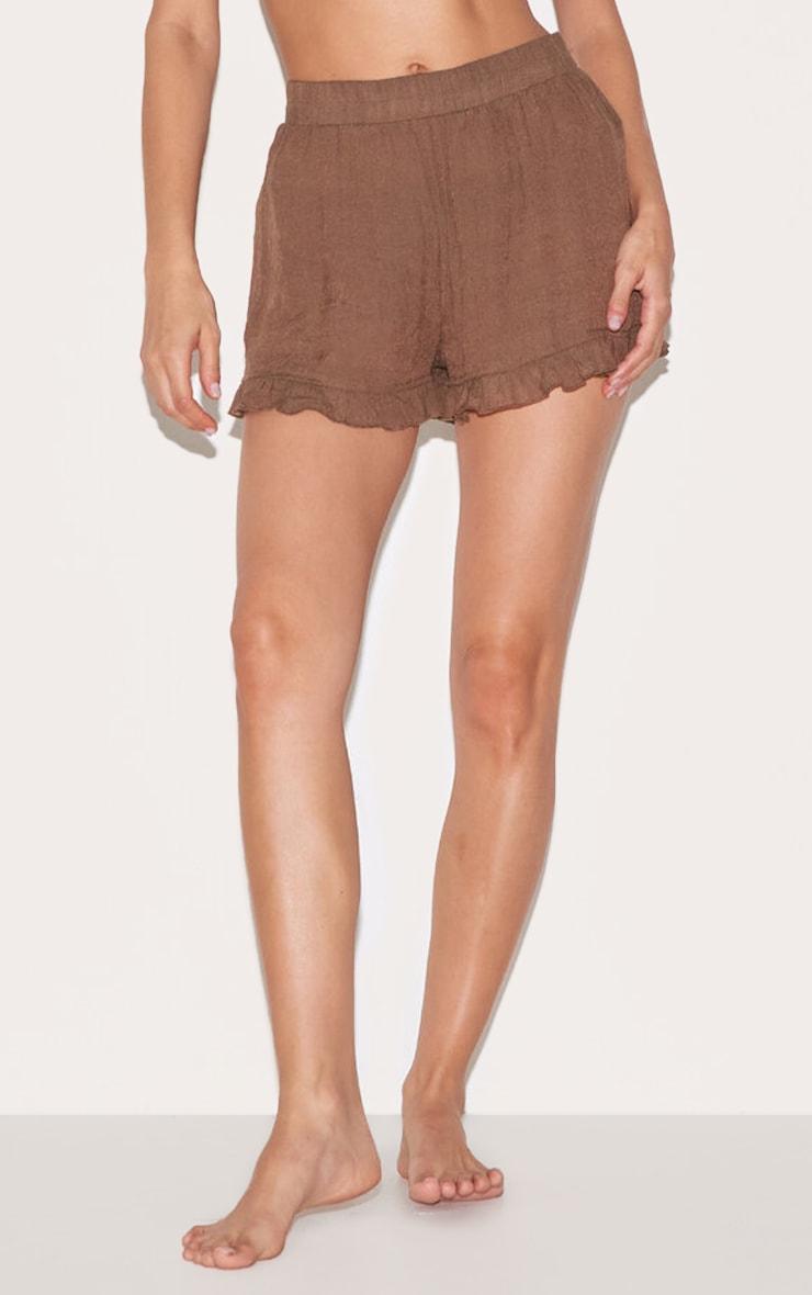 Chocolate Textured Woven Frill Edge Shorts Product Image