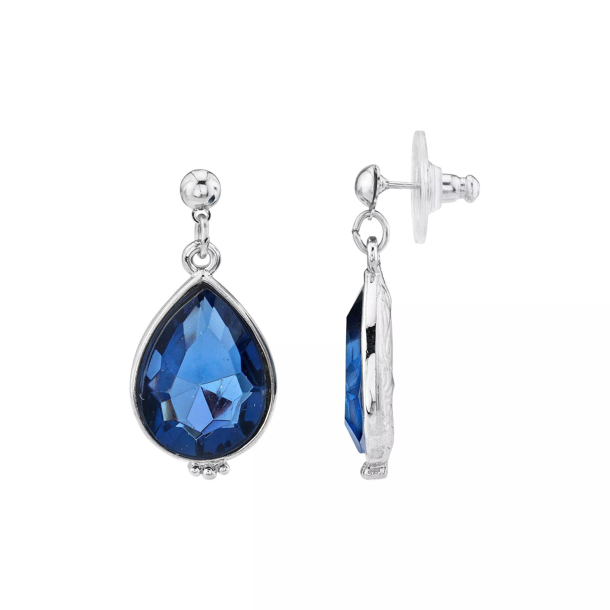 1928 Silver-Tone Blue Teardrop Earrings, Womens Product Image