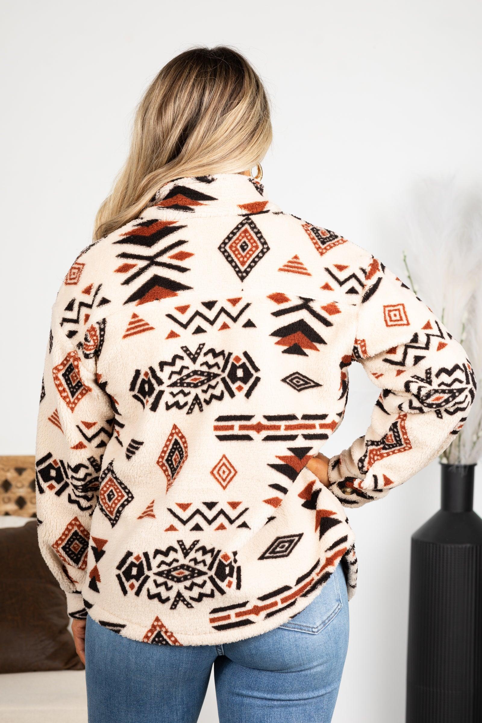 Beige Aztec Print Soft Sherpa Button Jacket Product Image