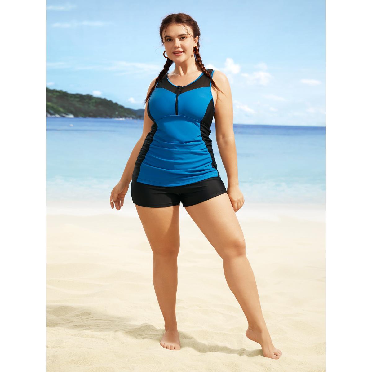 Plus Size Contrast Patchwork Gathered Half Zip Swim Top Women's Swimwear Mediumblue Beach Gathered High stretch Skinny Round Neck Curve Swim Tops BloomChic 22-24/3X Product Image
