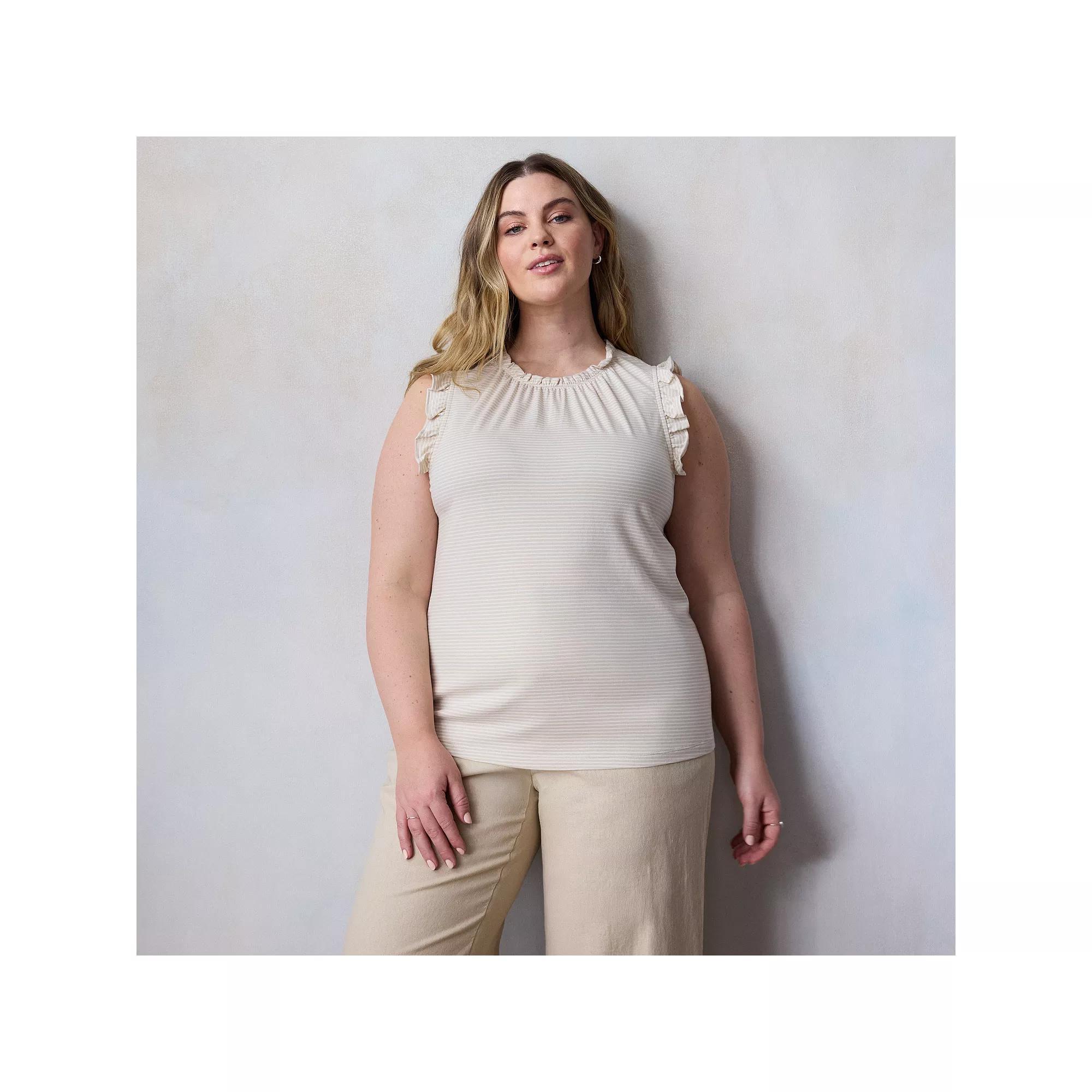 Plus Size LC Lauren Conrad Lace Ruffle Sleeve Crewneck Tank Top, Womens Green Amalfi Stripe Product Image