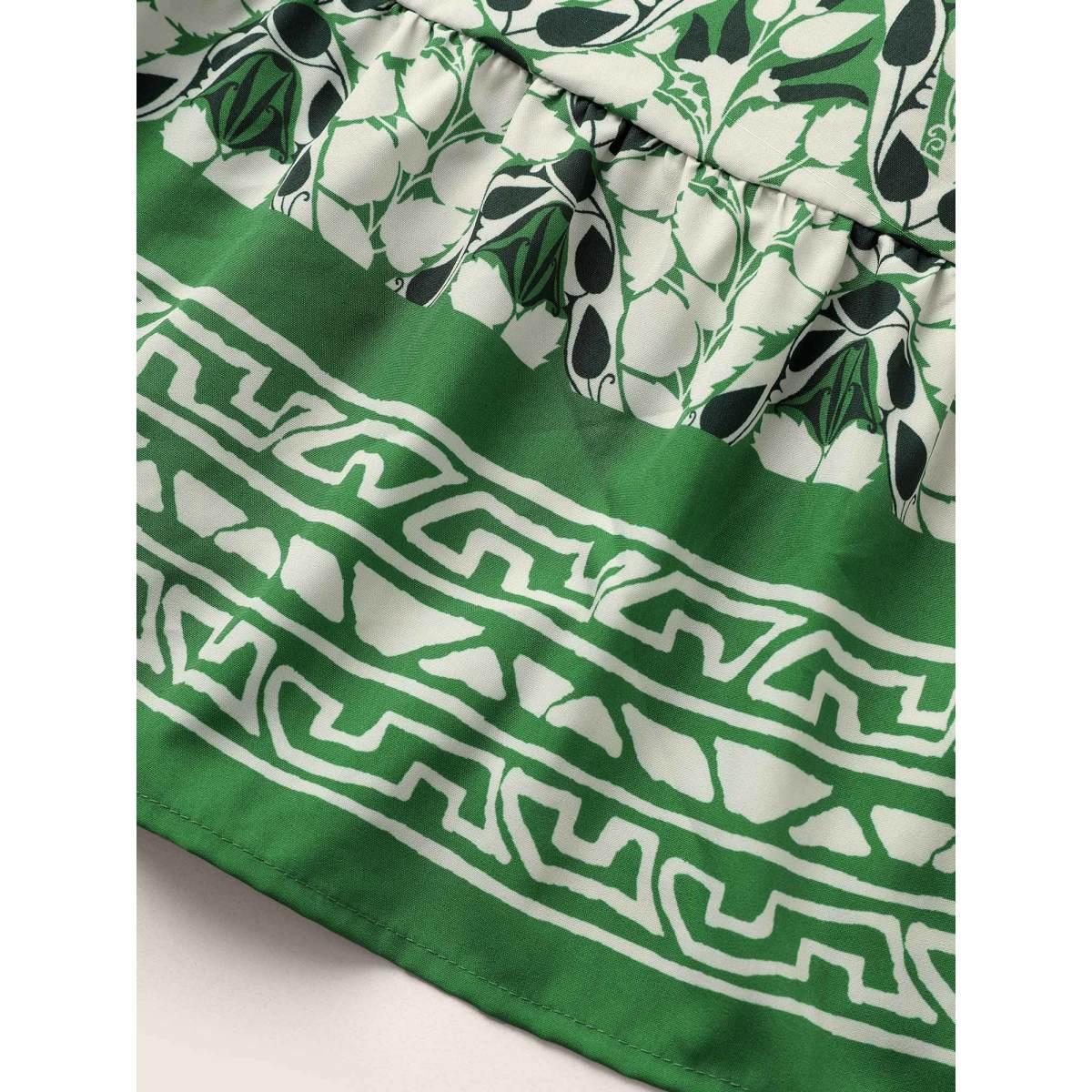Plus Size Boho Print Ruffles Shirred Pocket Elastic Waist Dress Green Women Resort Non Notched collar Cap Sleeve Curvy Midi Dress BloomChic 14-16/1X Product Image