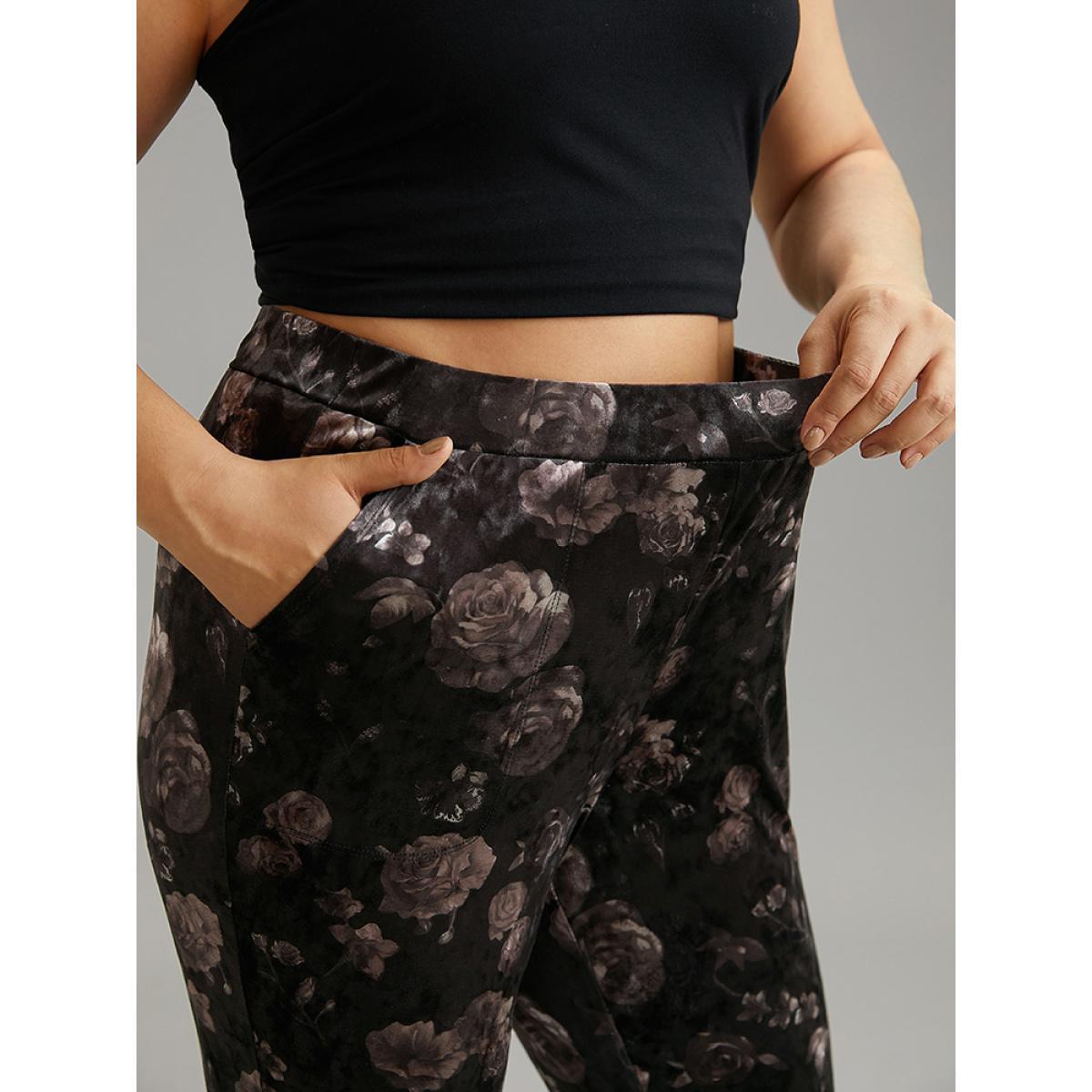 Plus Size Floral Texture Velvet Flare Leg Pants Women BlackFlower Elegant Flare Leg High Rise Dailywear Pants BloomChic 10/M Product Image