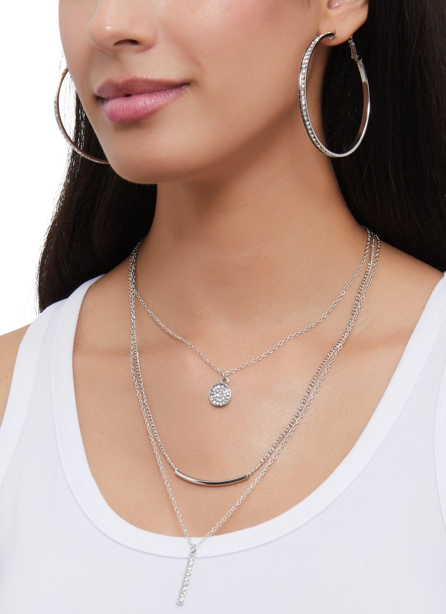 Rhinestone Layered Chain Necklace and Hoop Earring Trio Female Product Image