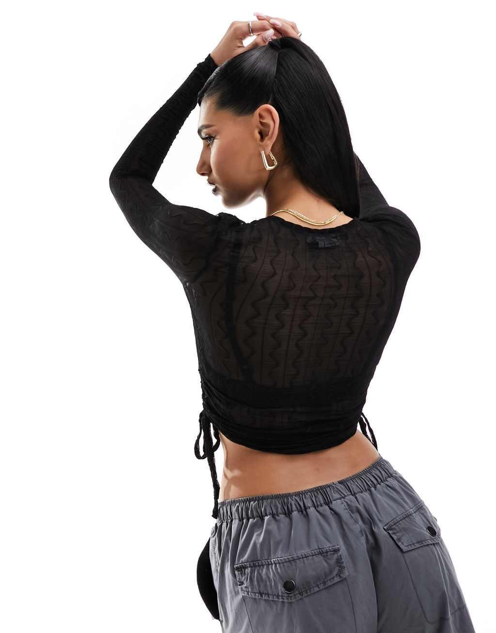 ASOS DESIGN sheer textured long sleeve ruched side top Product Image