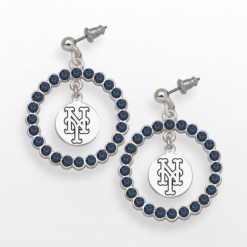 LogoArt New York Mets Silver Tone Crystal Logo Charm Hoop Drop Earrings, Women's, Montana Blue Product Image