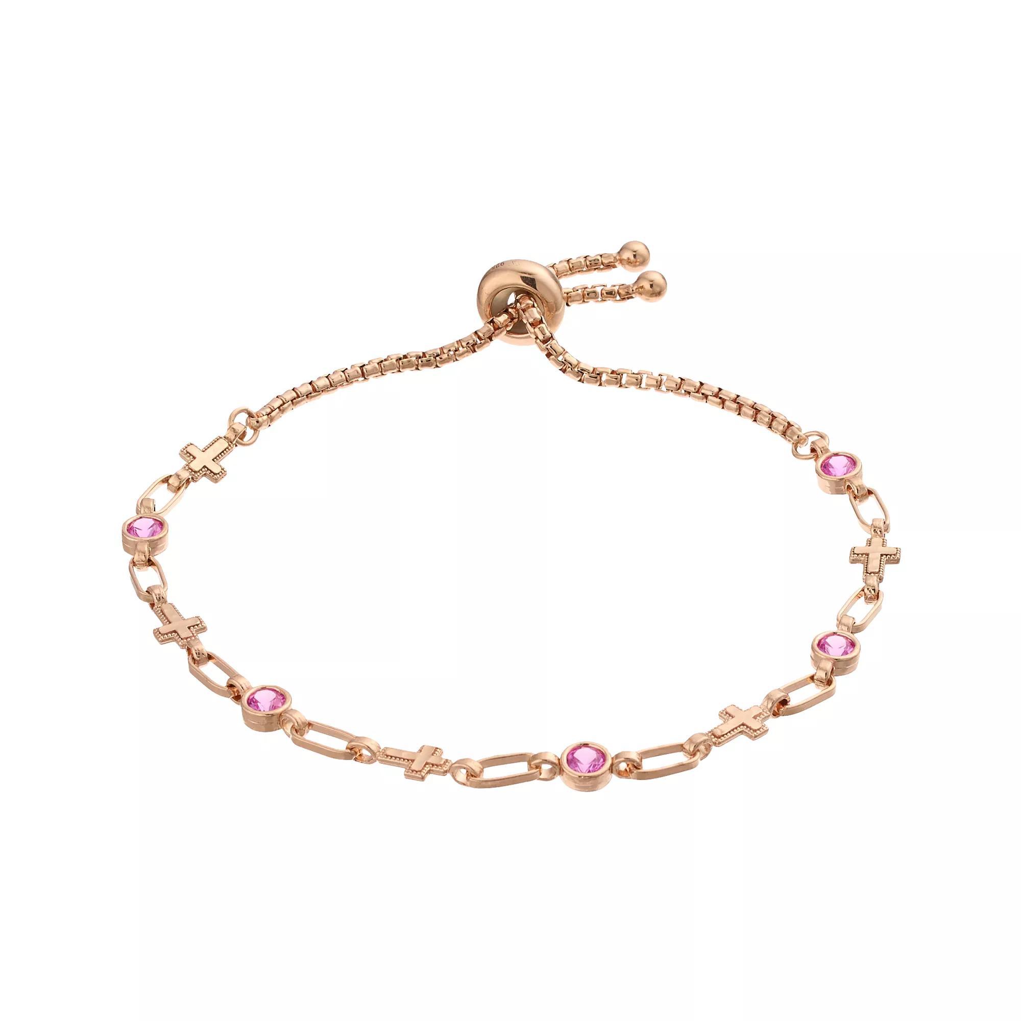 Kristen Kesho Sterling Silver Lab-Created Pink Sapphire & Cross Link Adjustable Bolo Bracelet, Women's, Size: 9.50, Pink Tone Product Image