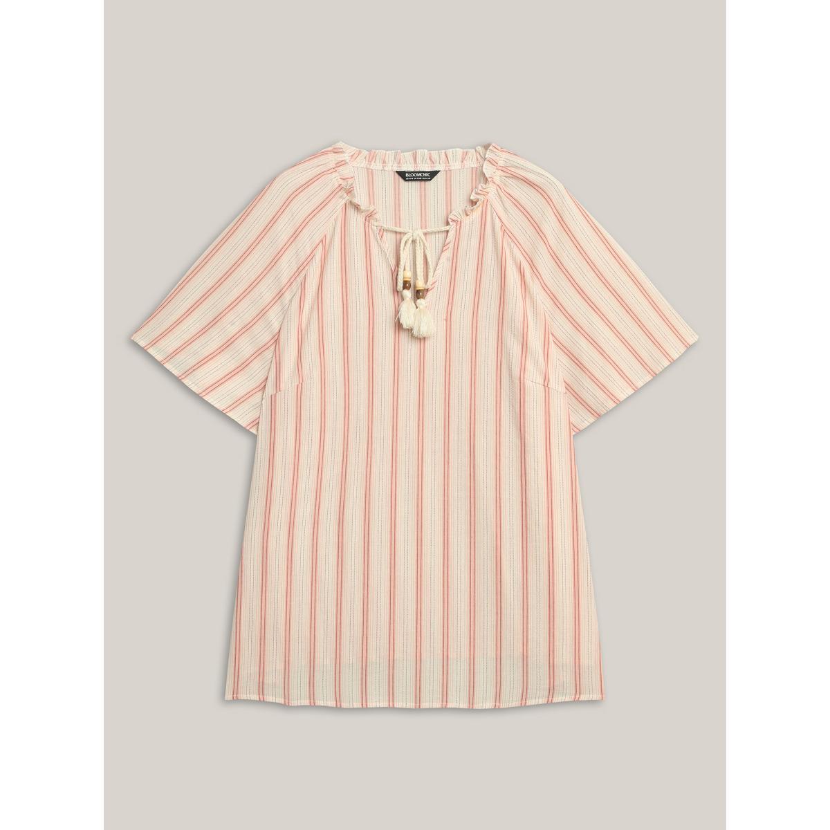 Plus Size Salmon Cotton Stripes Print Neck Tassels Flowy Blouse Women Short sleeve Notched collar Vacation Blouses BloomChic 30/6X Product Image
