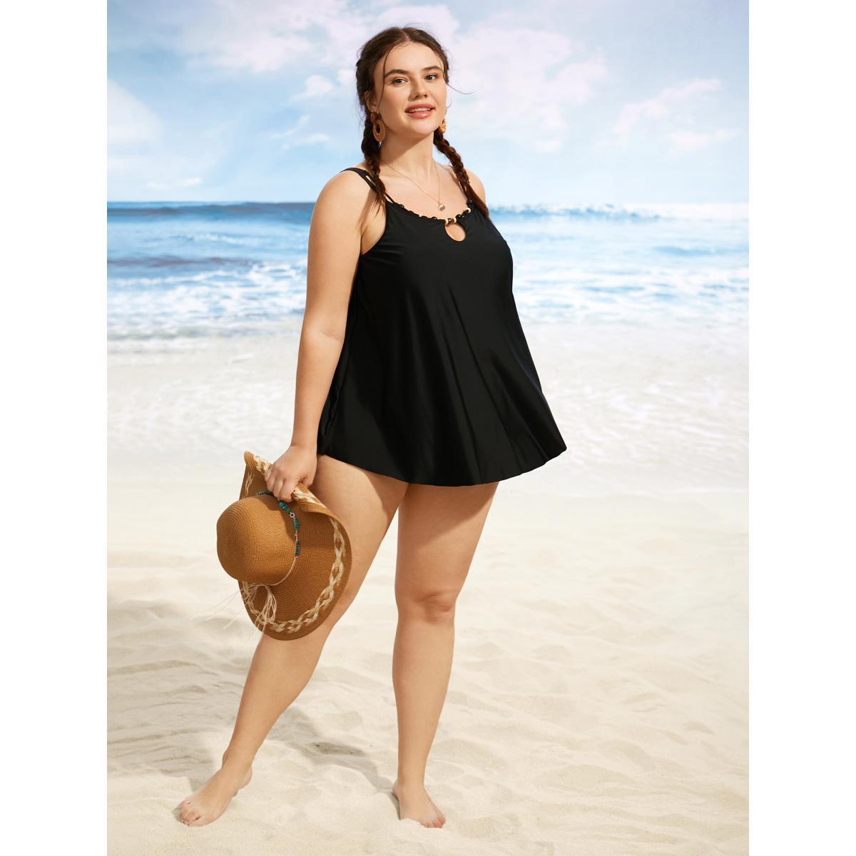 Plus Size Solid Keyhole Adjustable Straps Swim Top Women's Swimwear Black Beach Cut-Out High stretch Bodycon Heart neckline Curve Swim Tops BloomChic 10/M Product Image