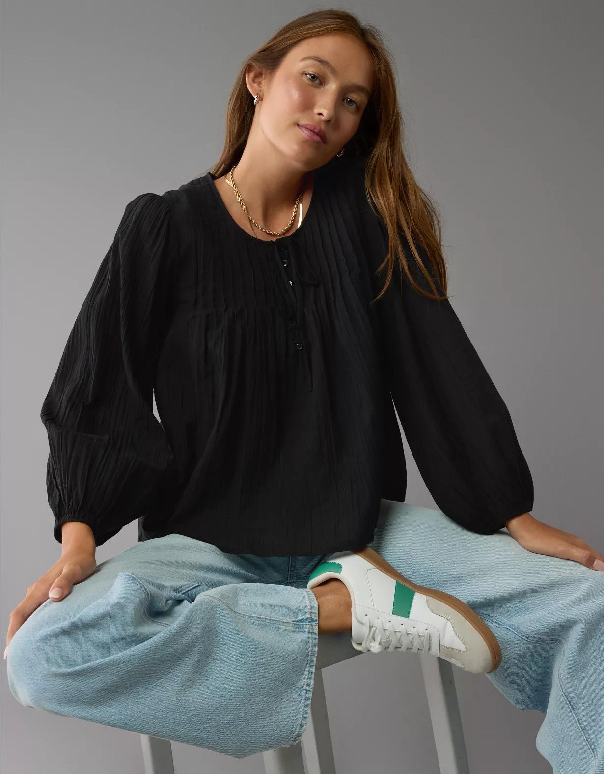 AE Long-Sleeve Breezy Boho Blouse Product Image