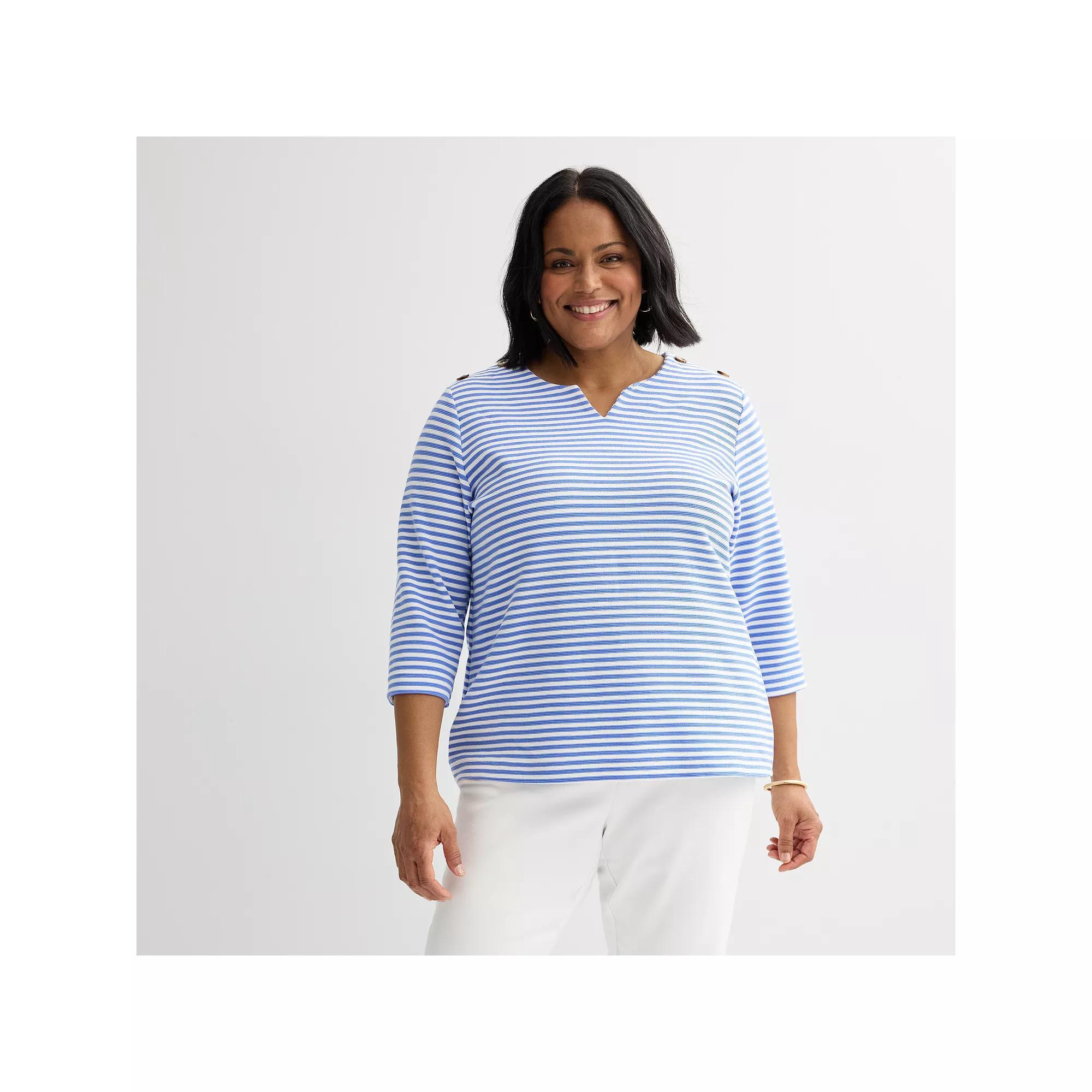 Plus Size Croft & Barrow Button Shoulder Split Neck Top, Womens Product Image