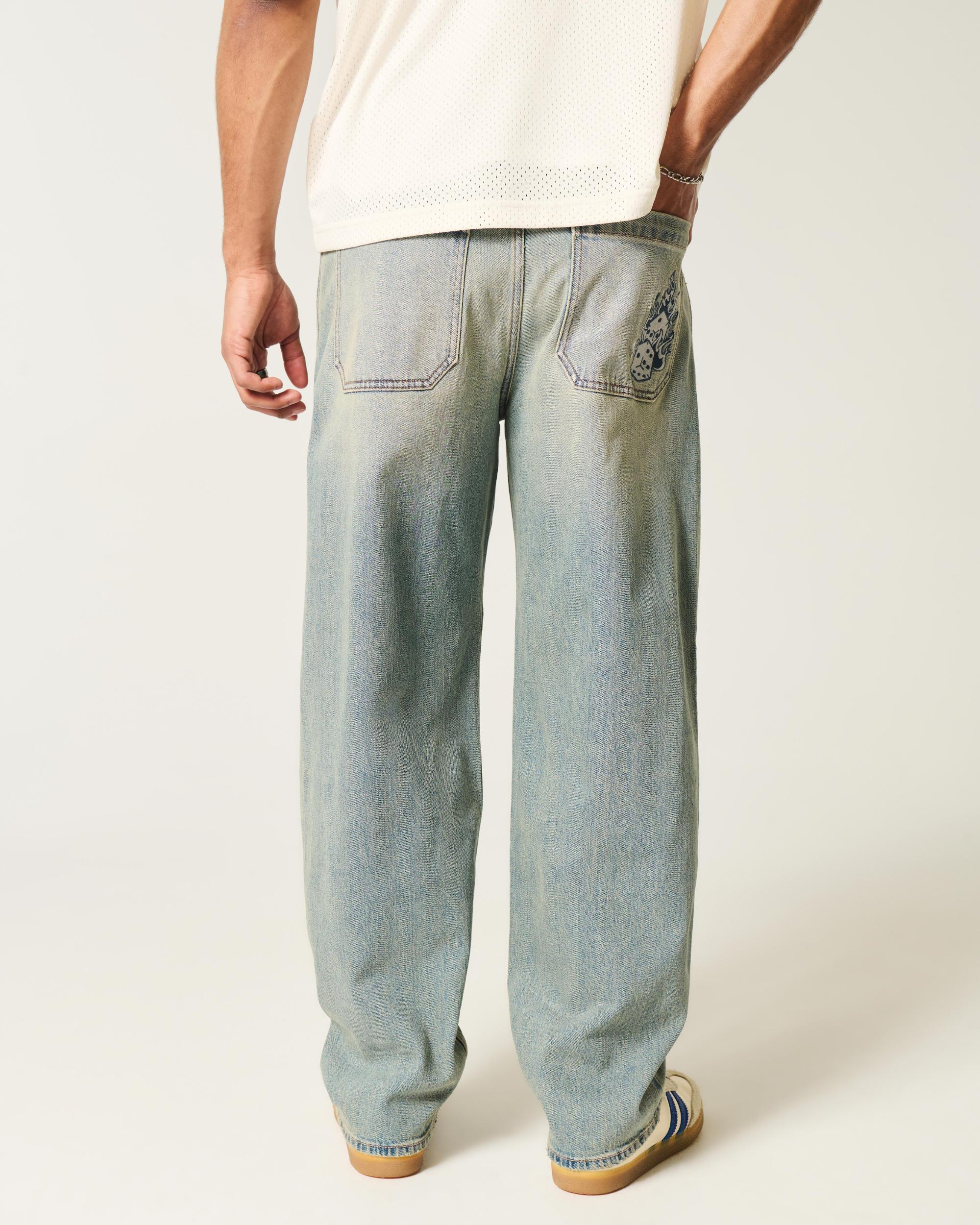 Light Wash Embroidered Dice Baggy Skater Jeans Product Image