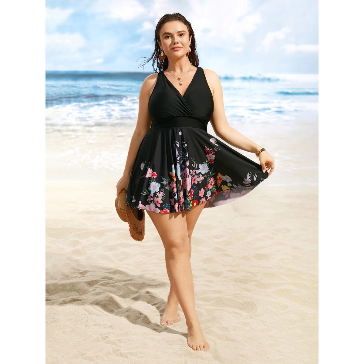 Plus Size Overlap Collar Natural Flowers Gathered Swim Dress Women's Swimwear Black Beach Bodycon Overlap Collar High stretch Curve Swim Dresses BloomChic 28/5X Product Image
