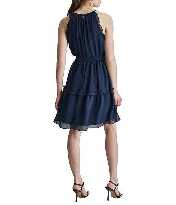 DKNY by Donna Karan Halter Neck Sleeveless Ruffle Tie Belt Mini Dress Product Image