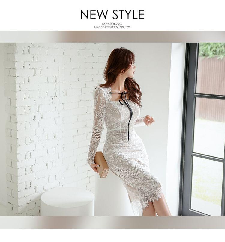 Long-Sleeve Square Neck Tie Front Slit Lace Midi Sheath Dress Product Image