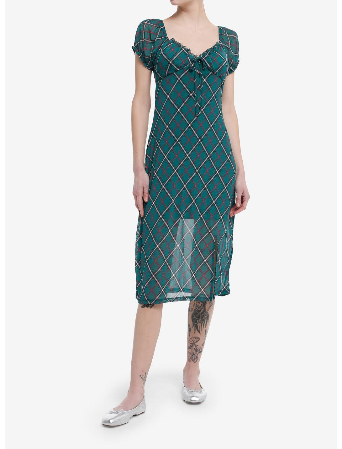 Green Plaid Empire Ruffle Midi Dress Product Image