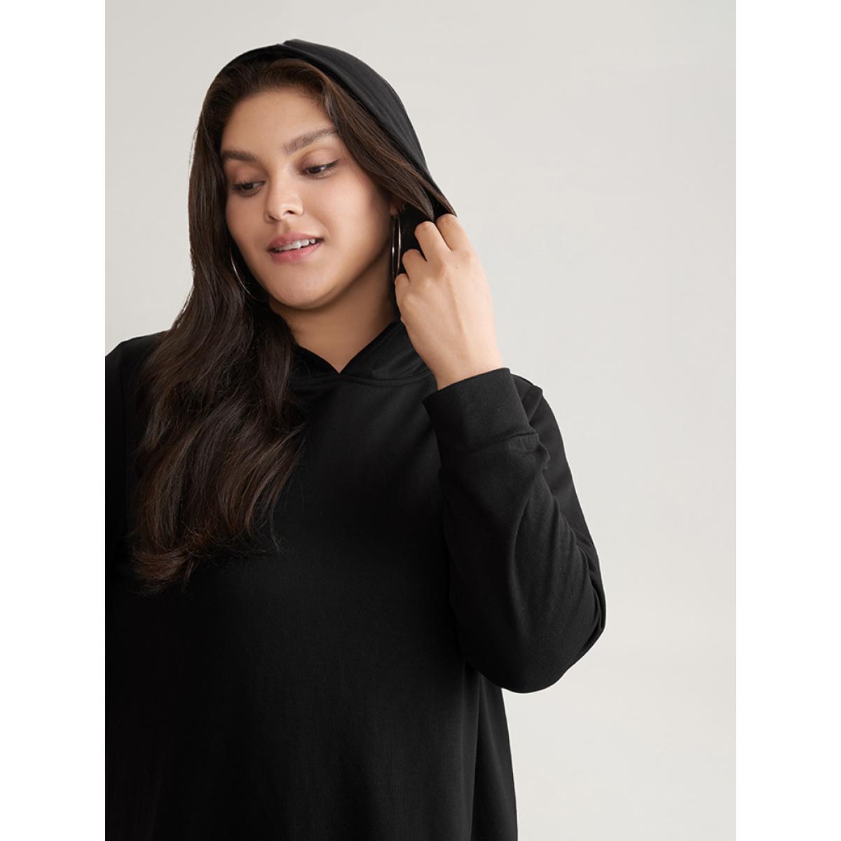 Plus Size 2-In-1 Patchwork Contrast Hooded Sweatshirt Women Black Casual Contrast Hooded Dailywear Sweatshirts BloomChic 12/L Product Image