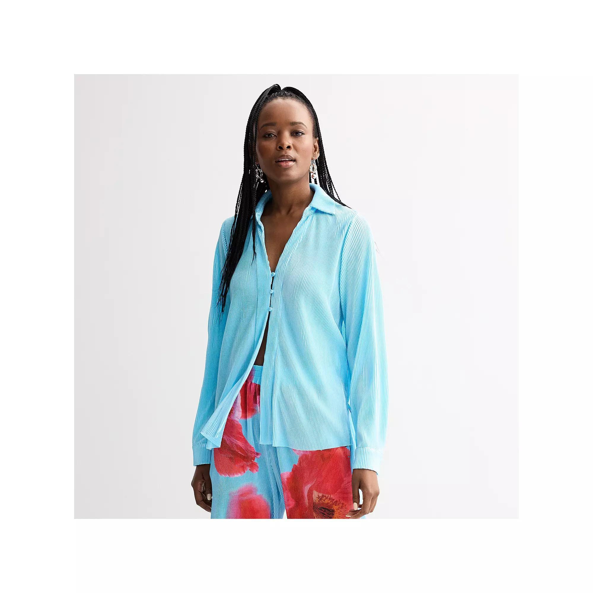 Women's INTEMPO™ Plisse Print Button Front Shirt, Size: XL, Blue Product Image